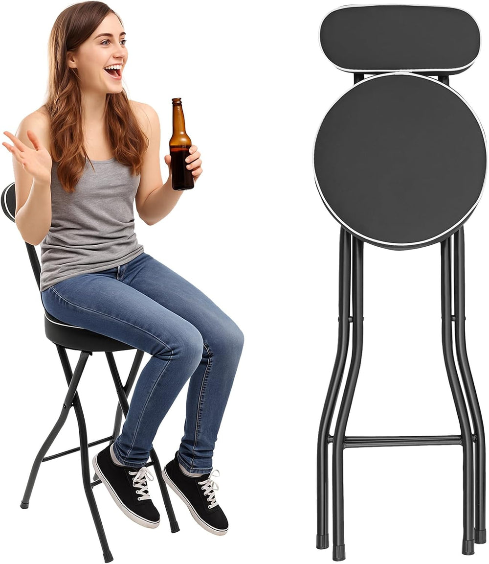 Folding Bar Stool with Backrest Set of 2, Black Modern Foldable Counter Tall ...