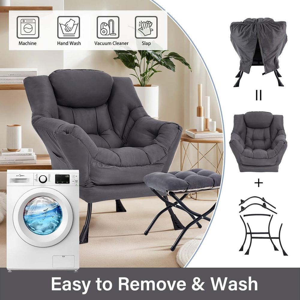 Lazy Chair with Ottoman, Soft Comfy Chair for Bedroom, Grey