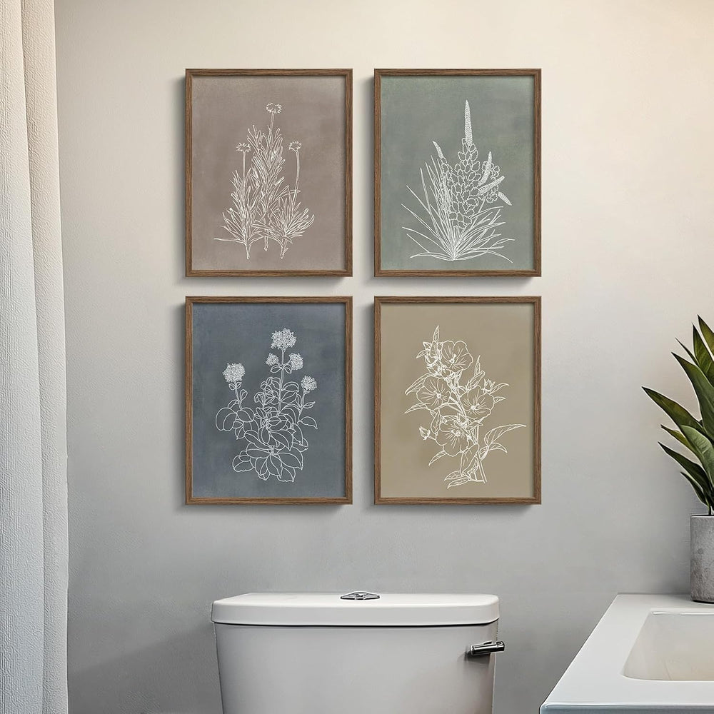 Framed Boho Neutral Botanical Floral Wall Art for Bathroom, 4 Piece 8x10 In
