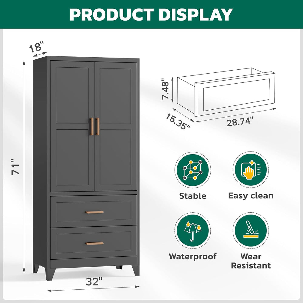 Greenvelly Metal Armoire Wardrobe Closet with 2 Drawers, 18" Deep Metal ...