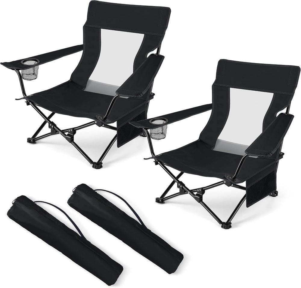 HaSteeL Low Beach Chairs, 2Pcs Folding Camping Lawn Chairs - Black