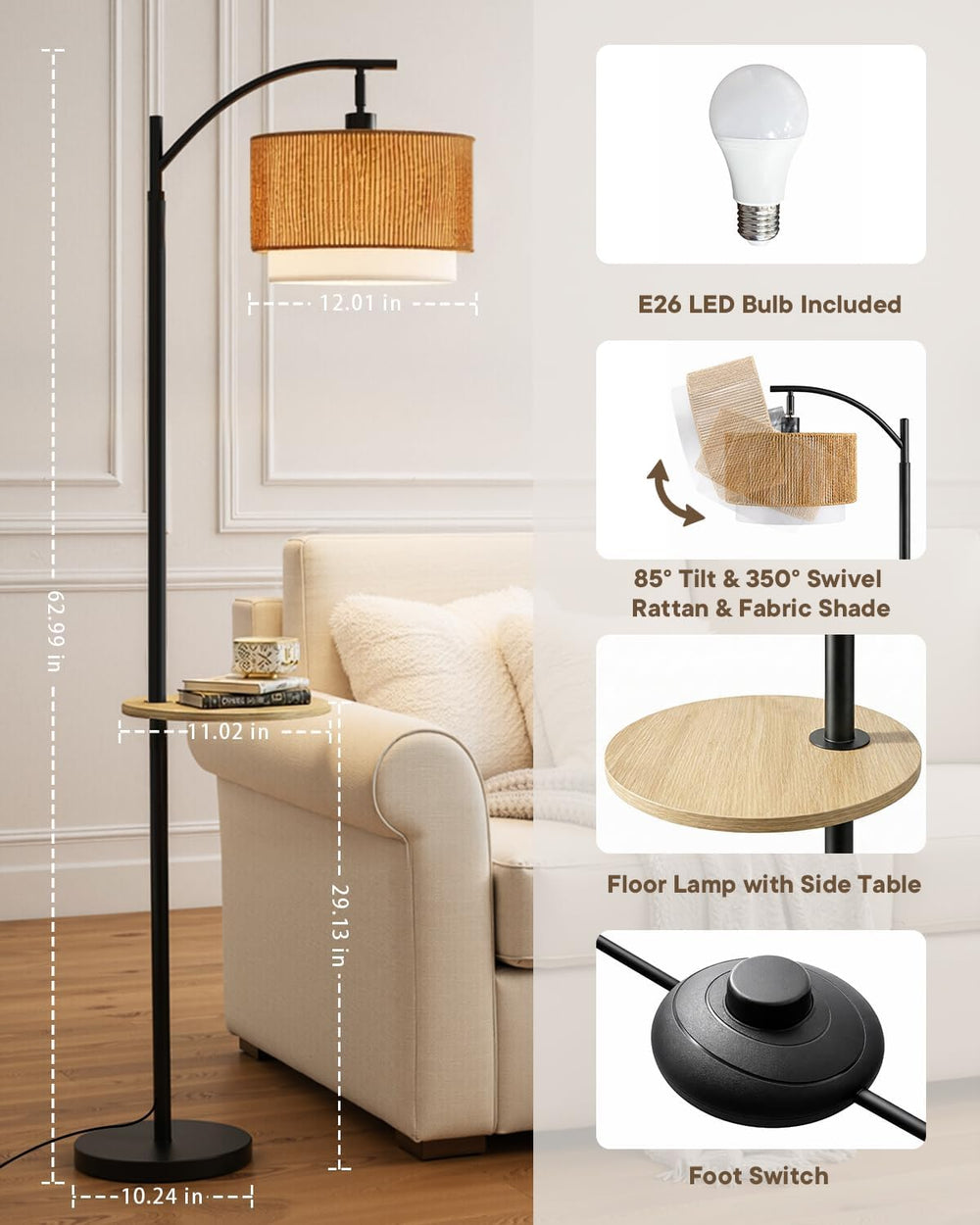 PESRAE Rattan Floor Lamp for Living Room, Farmhouse Arc Standing Lamp