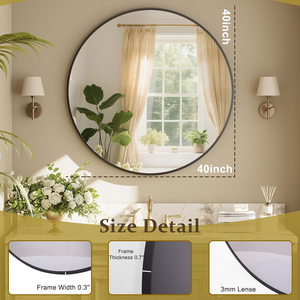 XRAMFY 40 Inch Round Mirror - Black Circle Mirrors for Bathroom, Entryway