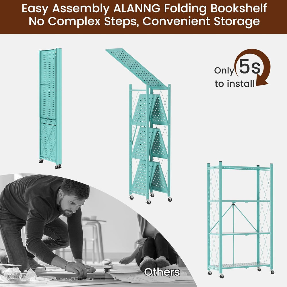 ALANNG 4 Tier Folding Shelf with Wheels, No Assembly Metal Storage Rack