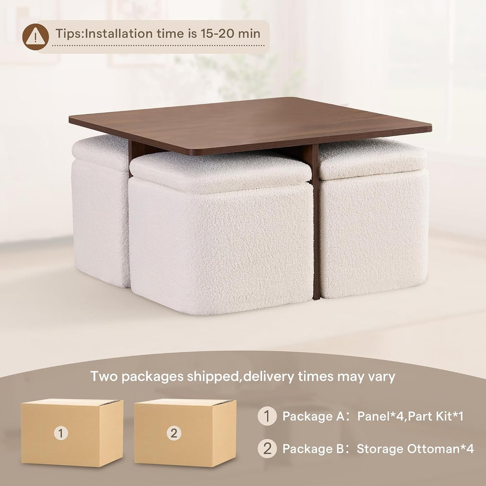 Square Coffee Table with Storage Ottomans, Beige
