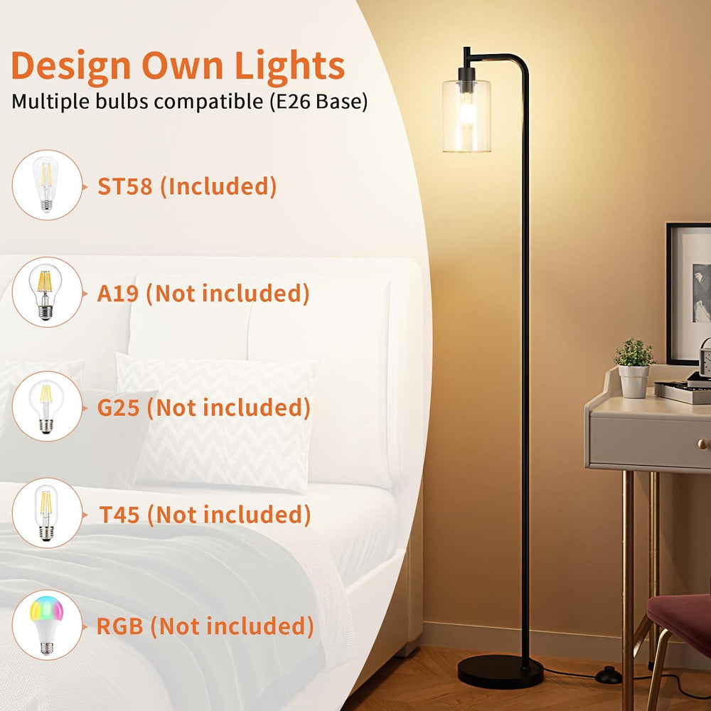 Ziisee Industrial Floor Lamp with Glass Shade - Black, LED Bulbs, Foot Pedal ...