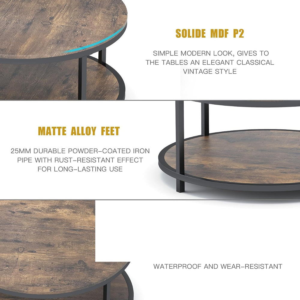 NSdirect 36 inches Round Coffee Table, Rustic Wooden Surface Top & Sturdy...