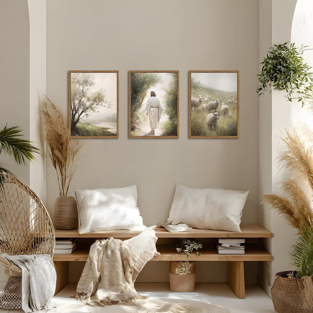 Framed Jesus Leaves the 99 Sheep Canvas Wall Art Set of 3, Christian Pictures...