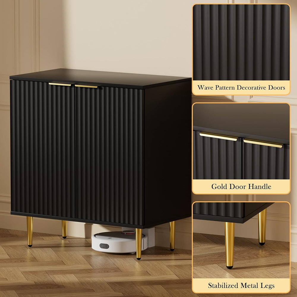 EOYUTLLY Black Fluted Storage Cabinet,Wood Sideboard Buffet Cabinet with Adju...