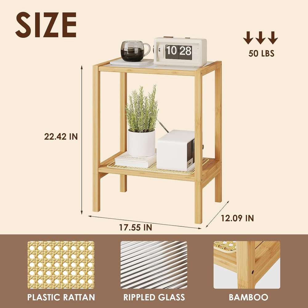Bamworld Side Table Nature Rattan End Table 2-Tier with Storage Boho