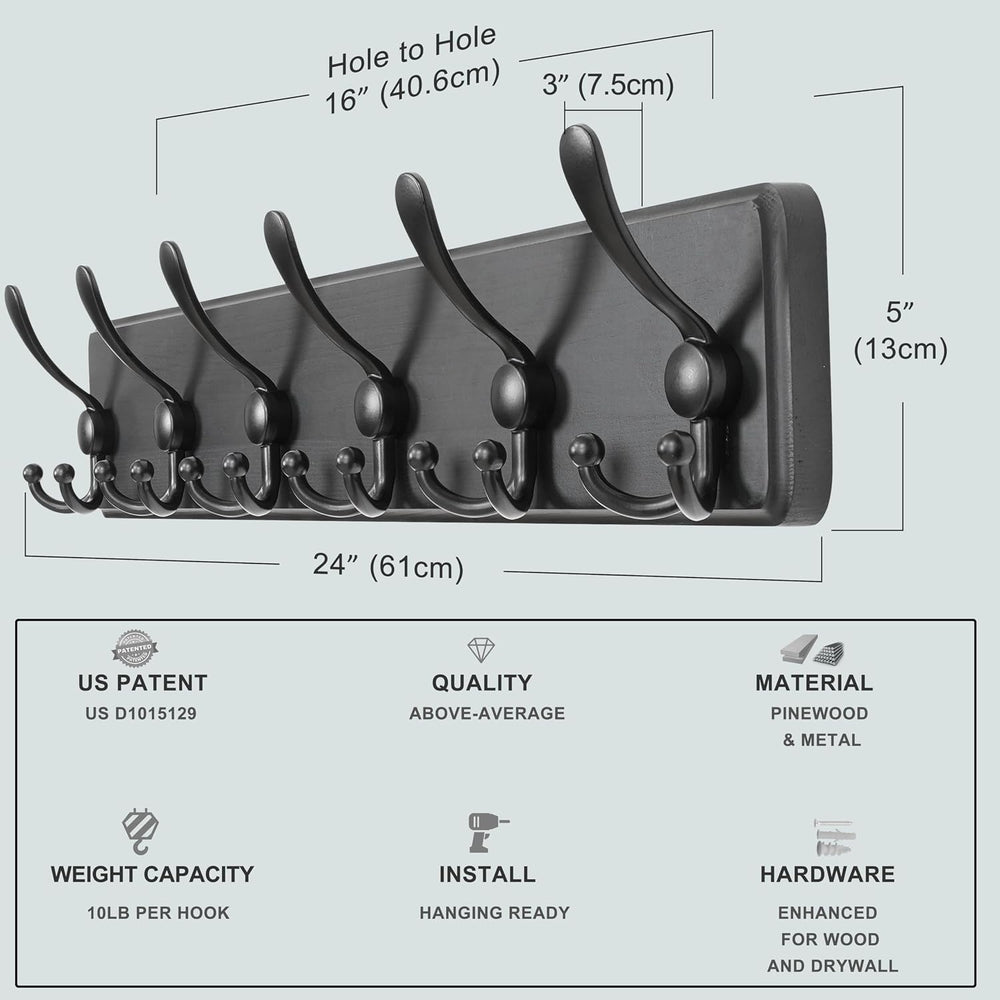Dseap Coat Rack Wall Mounted - 24" Long 6 Tri Hooks, Heavy Duty Wooden W...