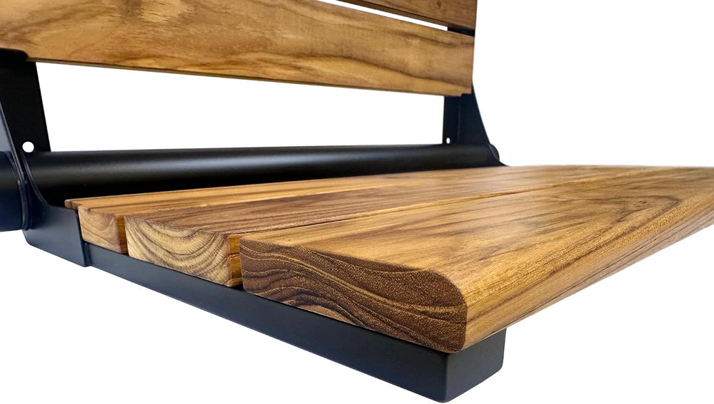 Teak Shower Seat Bench with Back, Matte Black, 300 lb, 24 in