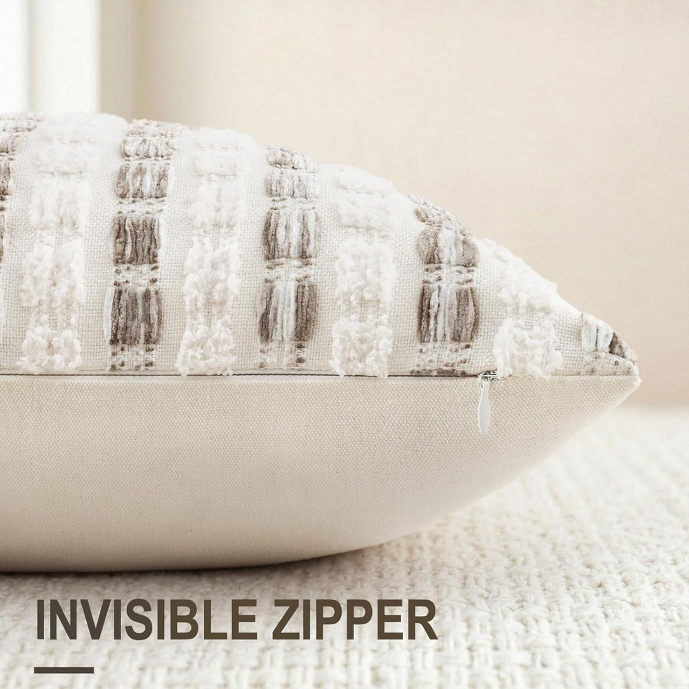 decorUhome Chenille Tufted Stripe Throw Pillow Covers 20x20 Set of 2 Beige