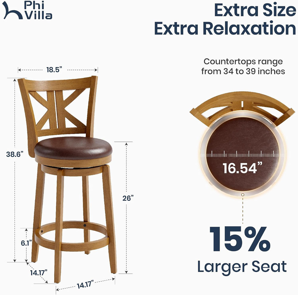 PHI VILLA Swivel Bar Stools Set of 2, 26 Inch Barstools with Backs