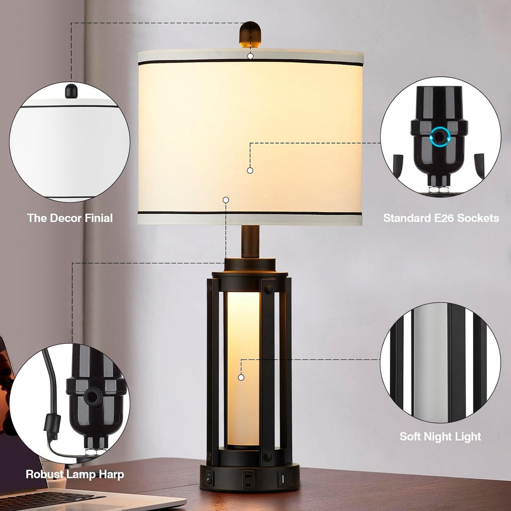 25" Modern Table Lamps Set of 2, Industrial Beside Lamps with USB A+C Ch...