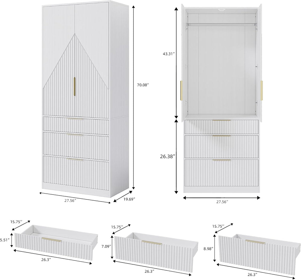 TOKSOM 70" Wardrobe Armoire Wooden Closet with 2 Doors and 3 Drawers, Be...
