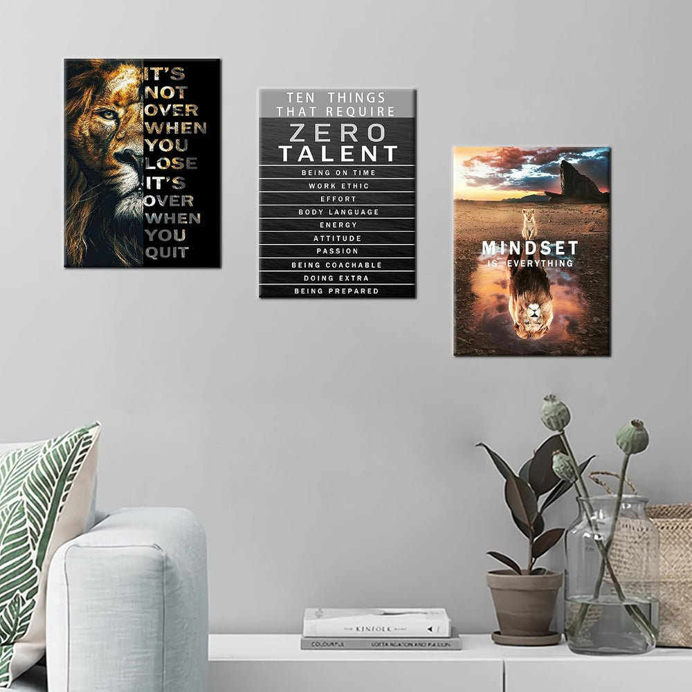 QYHART Lion Mindset Zero Talent 3 Piece Canvas Wall Art Office Wall Decor