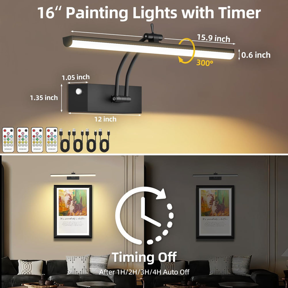 6CCT 16" Rechargeable Picture Lights for Wall with Remote, 4 Pack Black