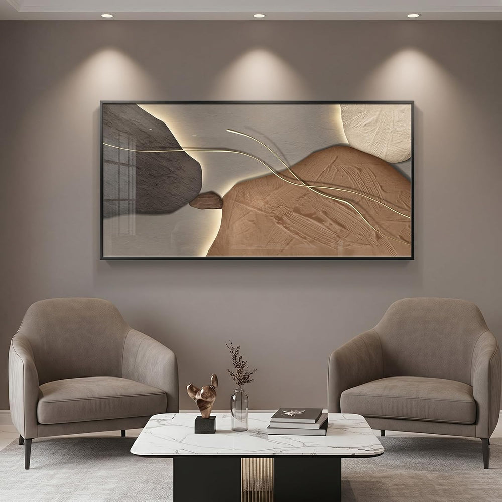 Horizontal Framed Abstract Brown Tan Wall Art for Living Room, 56x28 Inch
