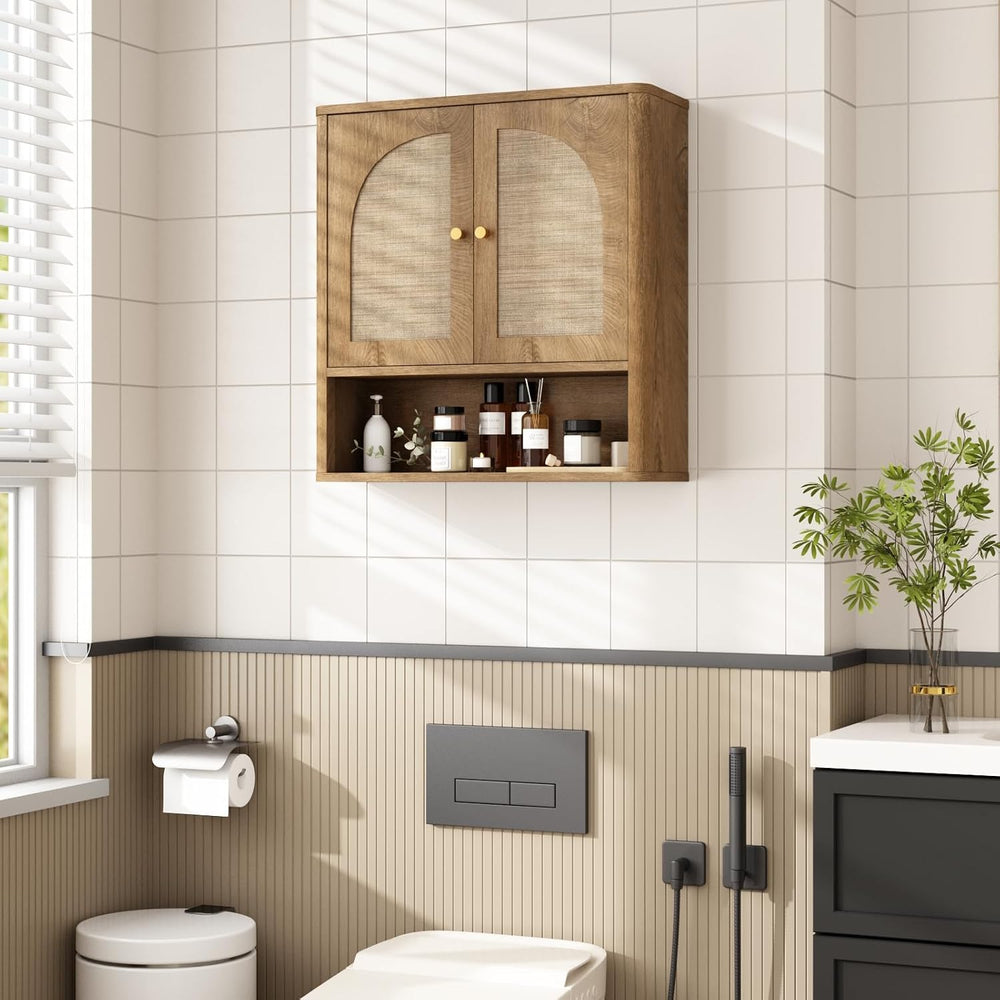 RUSTOWN Rattan Bathroom Wall Cabinet with 2 Arched Doors & Adjustable Shelf
