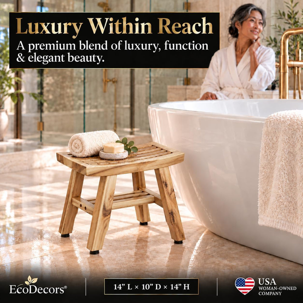 EcoDecors Satori Teak Shower Shaving Stool, 14-Inch Height x 12" Depth