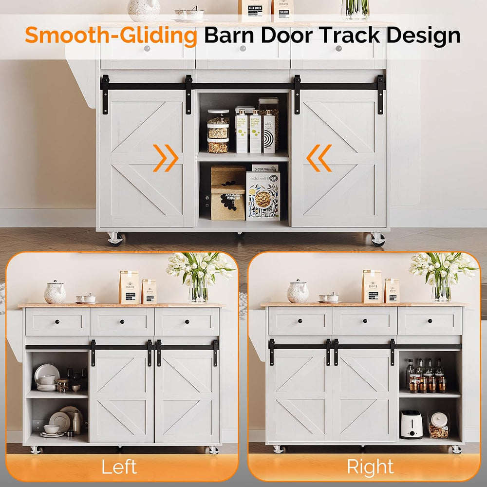VINGLI 52" W Rolling Kitchen Island with Storage, Sliding Doors, White