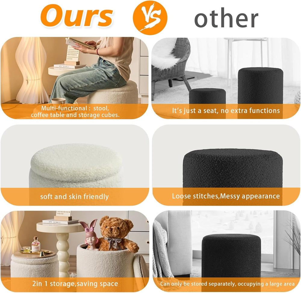 BLEXA Set of 2 Round Storage Ottoman, White Sherpa Ottoman with Storage