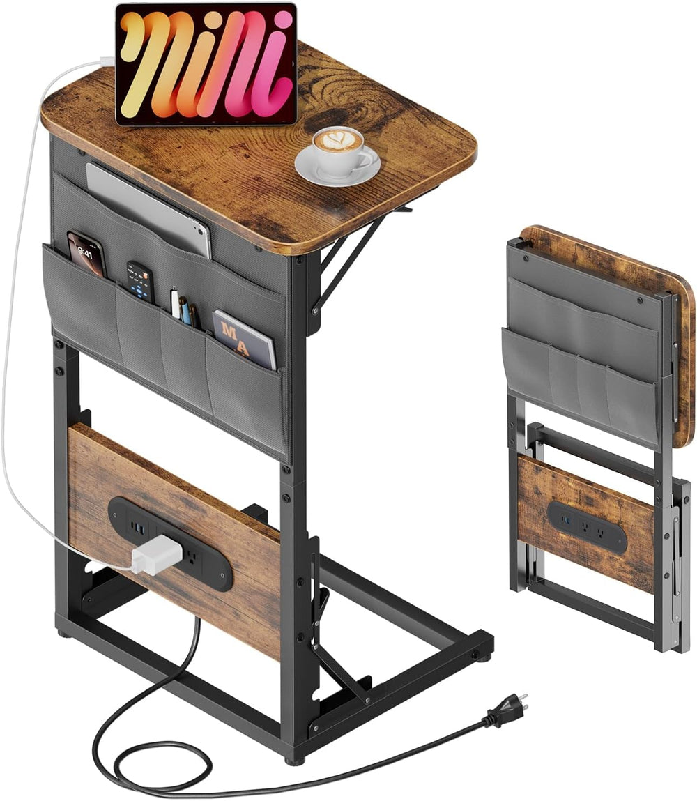 HLDIRECT C Shaped End Table with Charging Station & Storage Bag Brown
