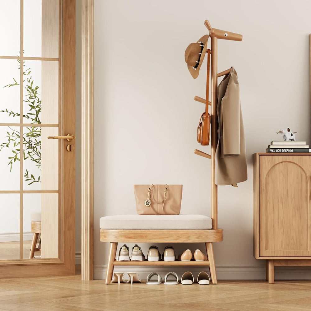 AQIMUELE Shoe Bench with Coat Rack, Shoe Rack with 9 Hooks, Natural