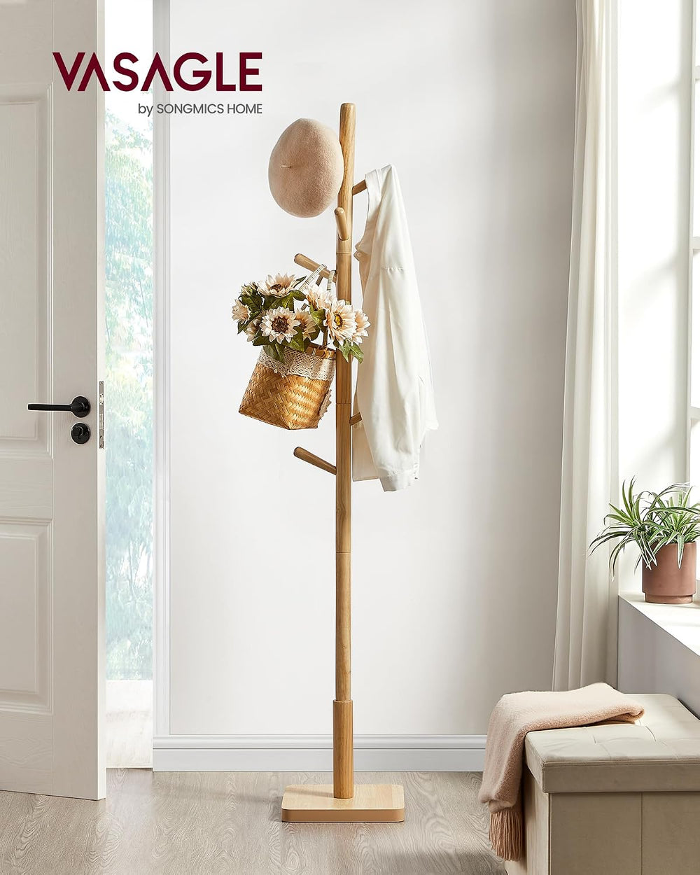 VASAGLE Solid Wood Coat Rack, Free Standing, 8 Hooks, 3 Height Options
