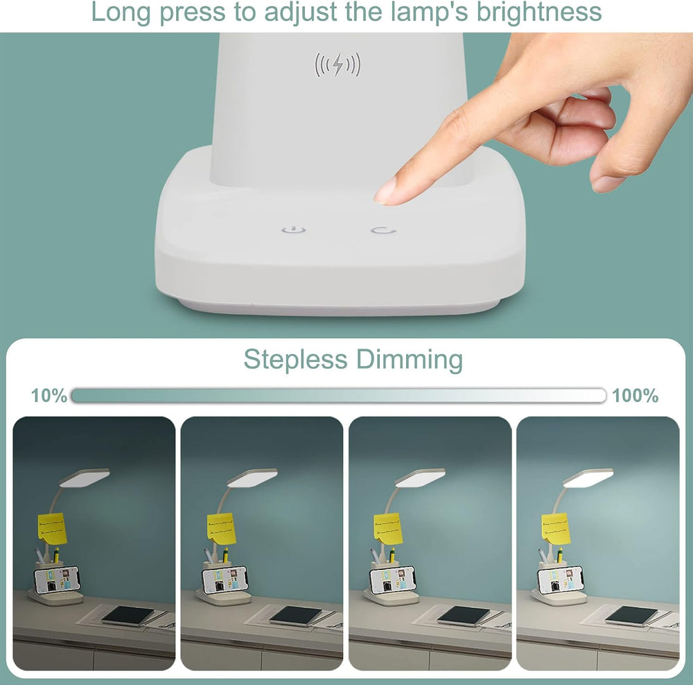 LED Desk Lamp with 10W Wireless Charging & Pen Holder, Snow White