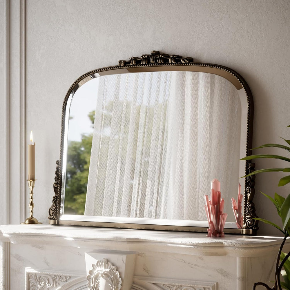 27"×36" Bronze Wide Arched Wall Mirror with Vintage Carving