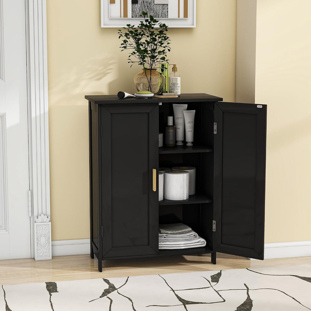 Bathroom Floor Storage Cabinet Freestanding Organizer with 2 Doors, Black