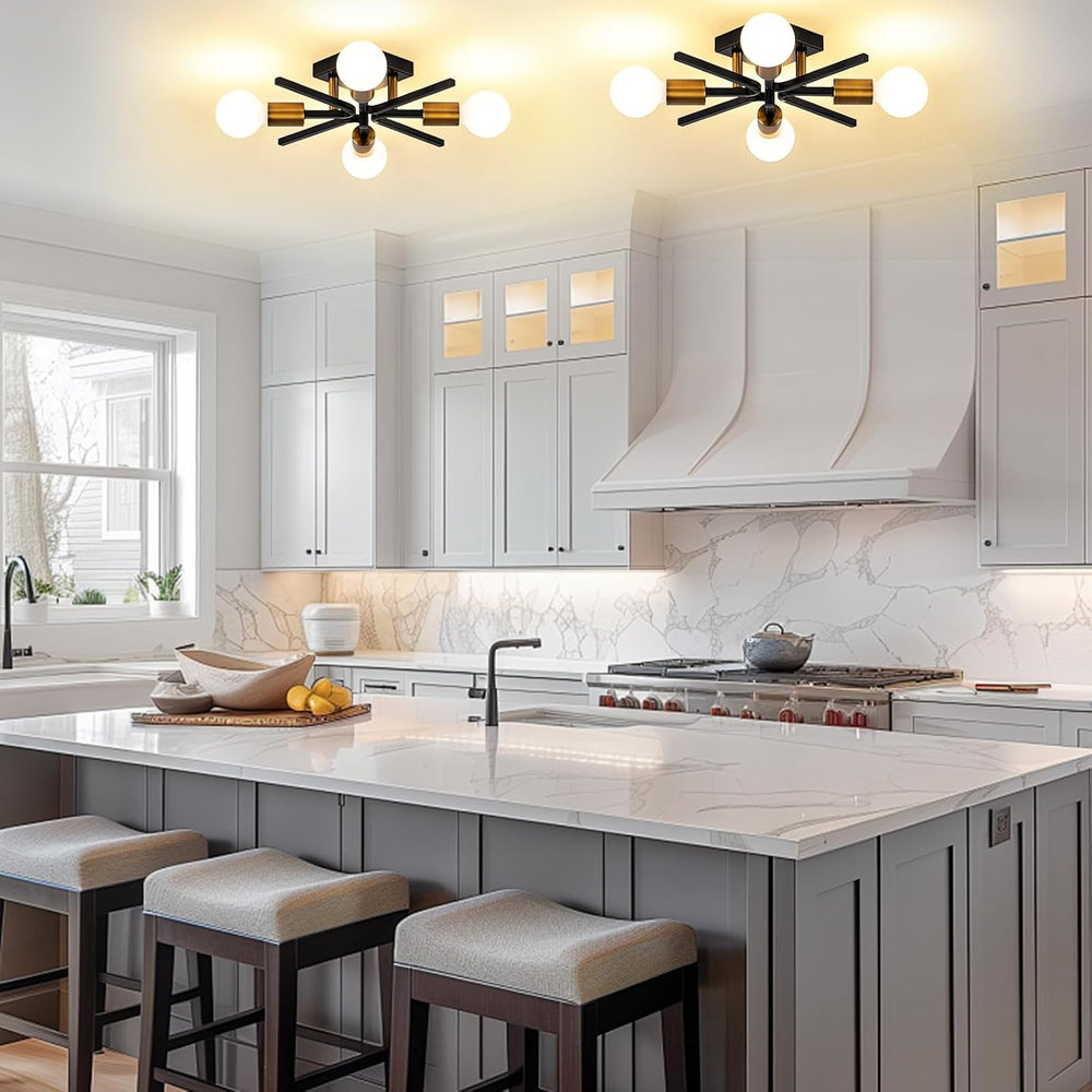 Black Gold Sputnik Ceiling Light Fixture 2-Pack, Farmhouse Semi Flush Mount