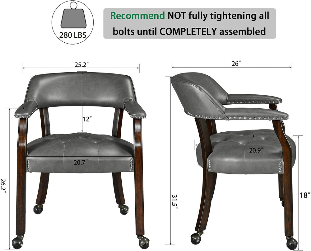 Set of 4 Dining PU ArmChairs with Casters, Charcoal Gray, No Table