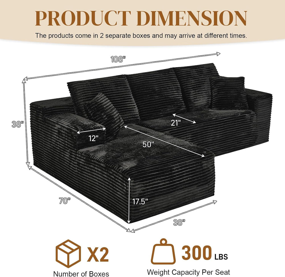 108" L Shaped Boneless Sectional Couches for Living Room, Wide Armrest, ...