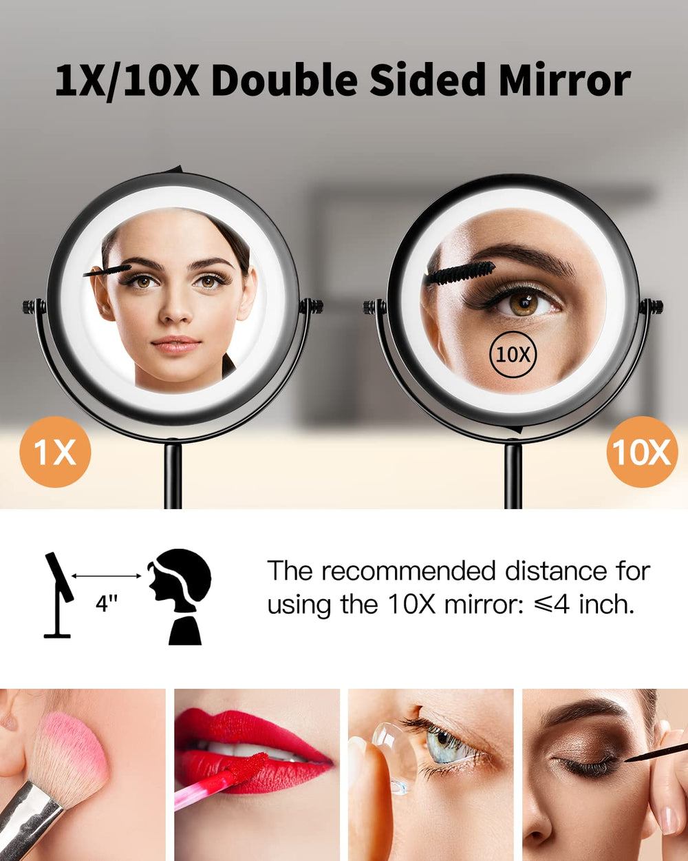 10X Magnifying LED Makeup Mirror, 7" Double Sided Standing Mirror for Desk