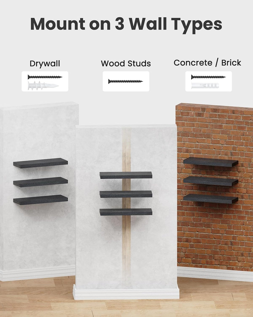 Amada 15.7" Floating Shelves for Wall Decor & Storage, Set of 3, Black