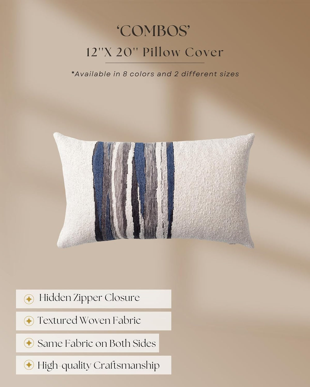 Throw Pillow Covers, Pack of 1, Combos, Navy Blue, 12"x20"