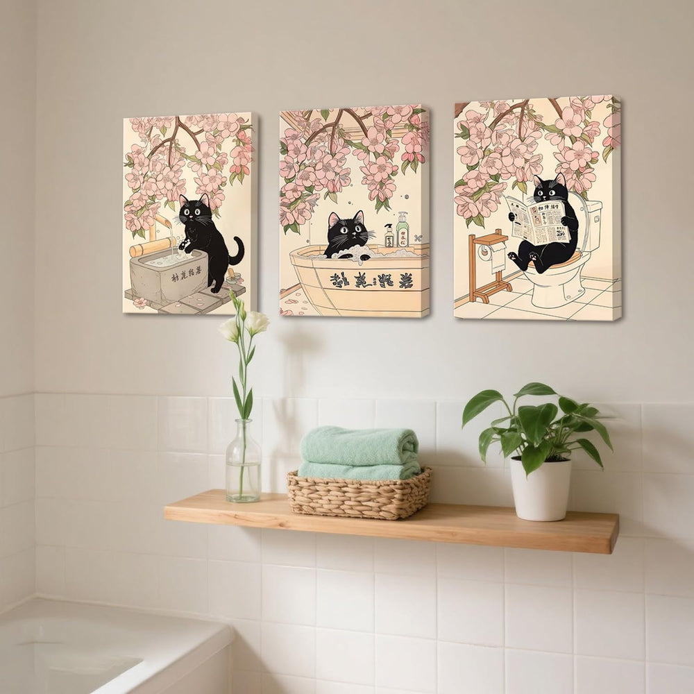 Funny Japanese Bathroom Wall Art Set of 3, Whimsical Black Cat Bathroom Wall ...