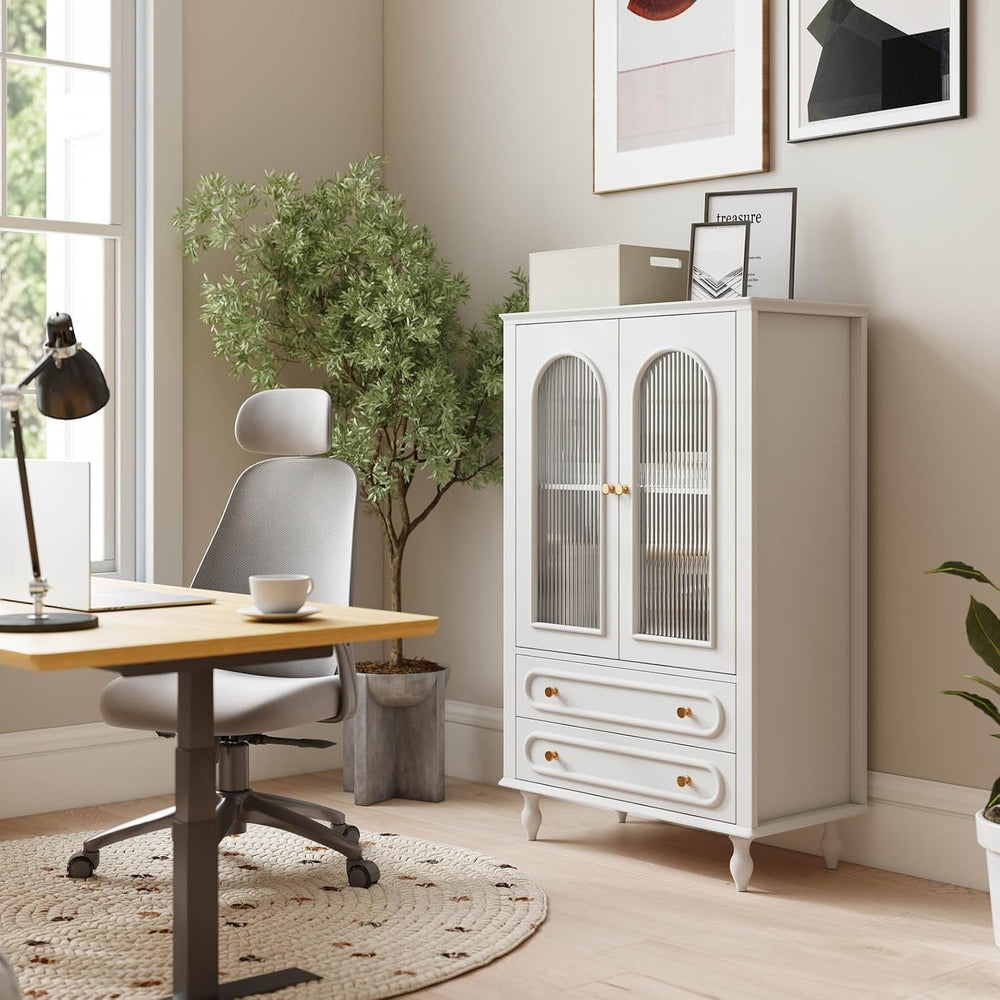 46.5'' Tall Accent Cabinet with Arched Doors,Fluted Glass Cabinet,White