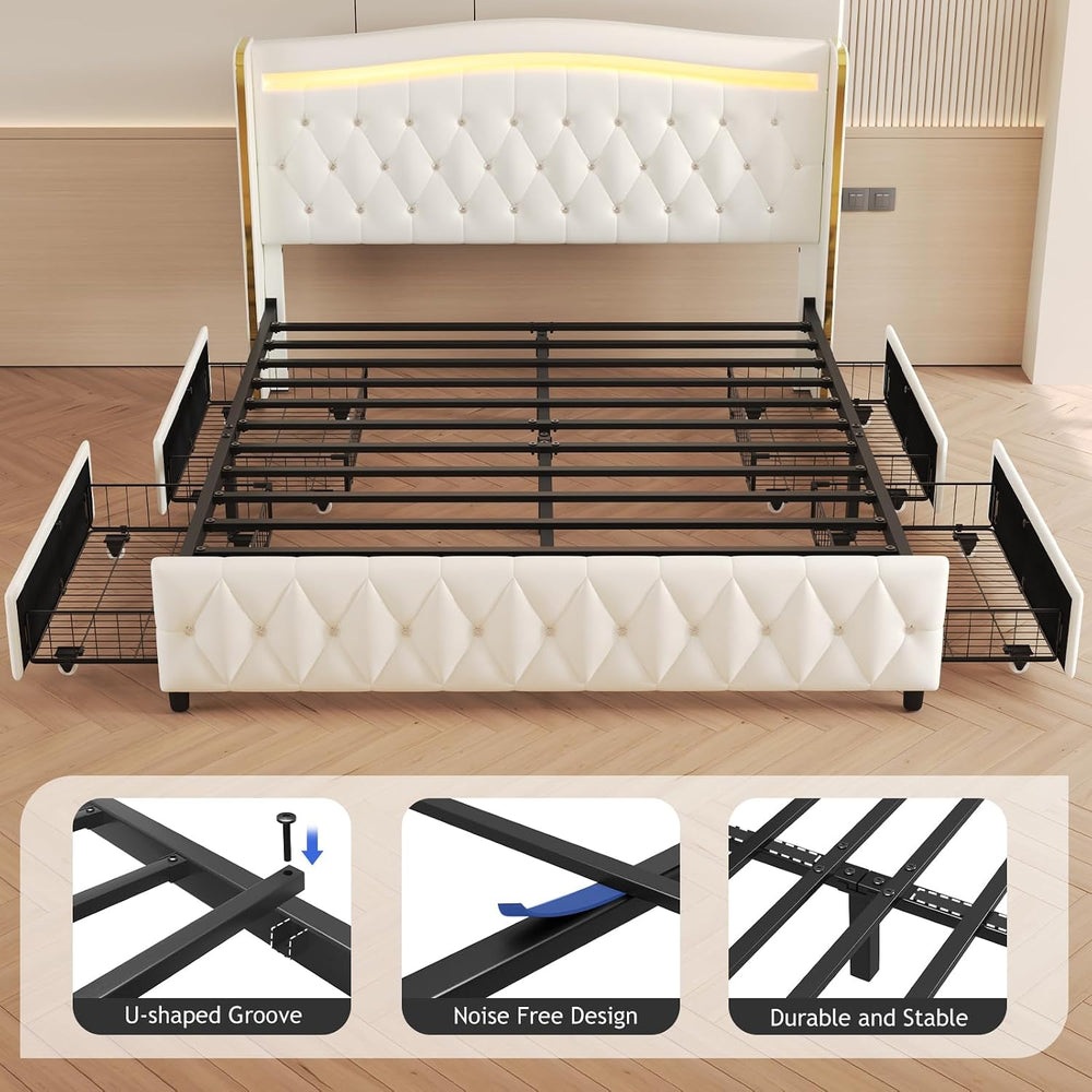 Queen Size Bed Frame, Headboard, 4 Storage Drawers, LED Lights, White