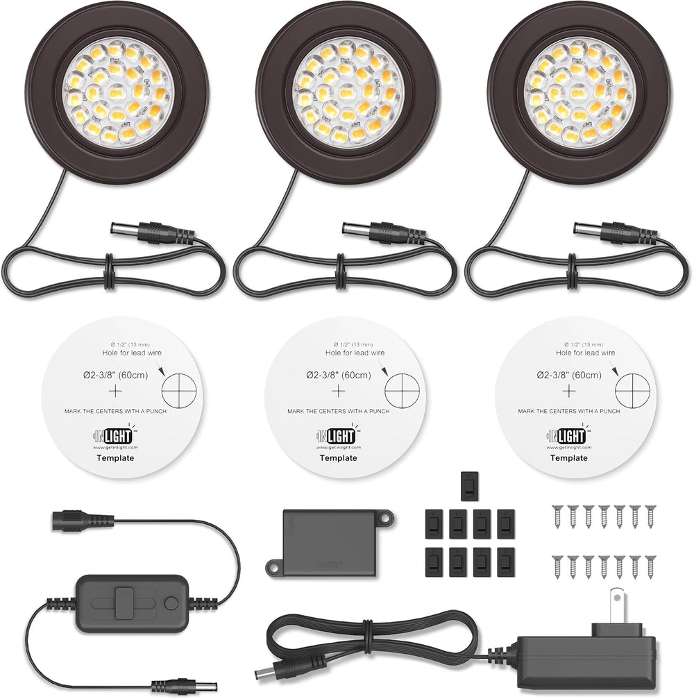 GETINLIGHT 2.5-Inch LED Puck Light Kit, 3-Pack, Plug-in, 3000K, Bronze