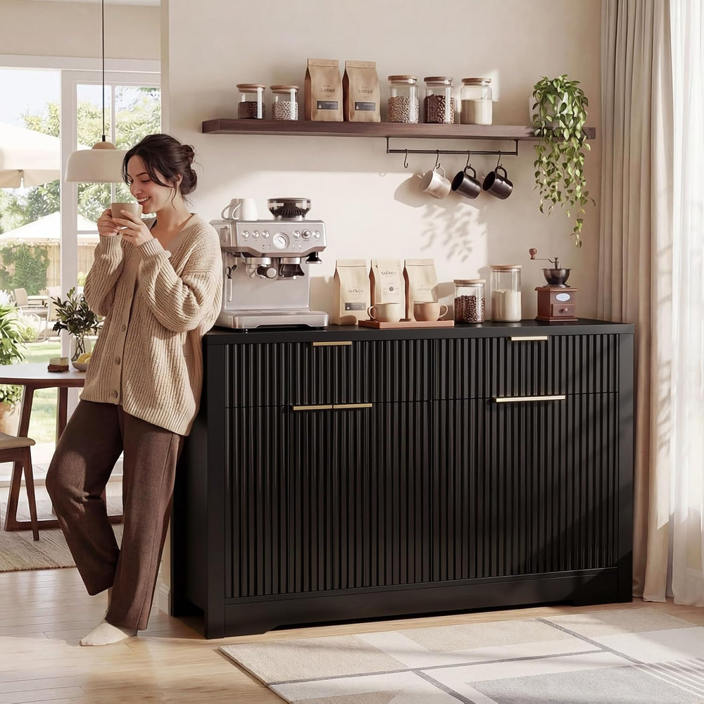 Cyclysio 55" Fluted Sideboard Buffet Cabinet with Drawers (Black, 4 Doors)