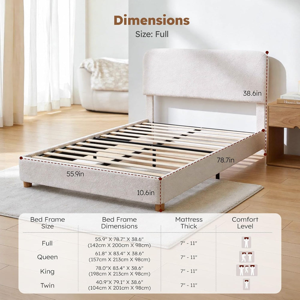 Full Size Cloud Bed Frame, Cream White Boucle Platform Bed, Upholstered