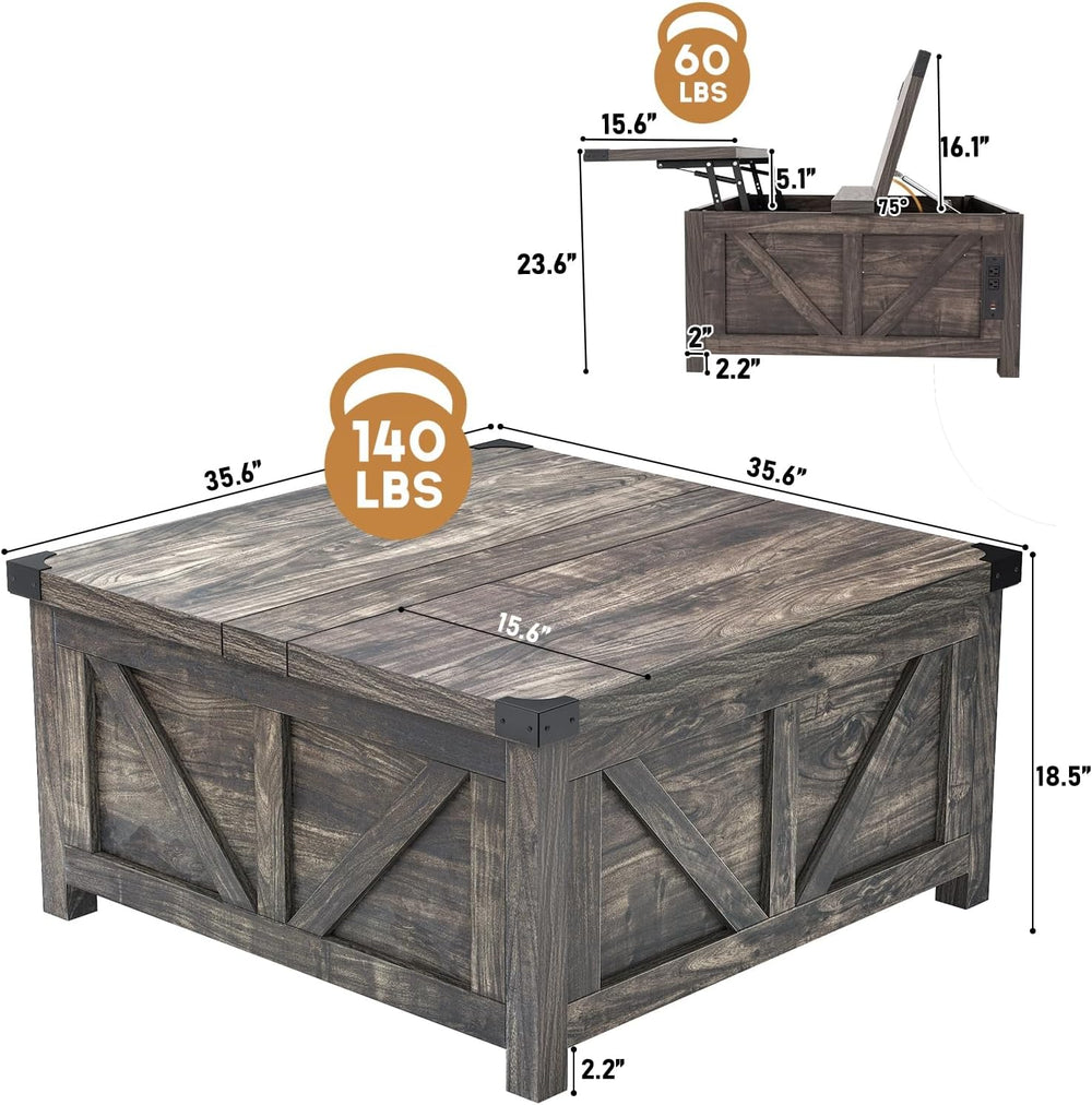 jimeimen 35.6" Farmhouse Lift Top Coffee Table with Storage, Square Coff...