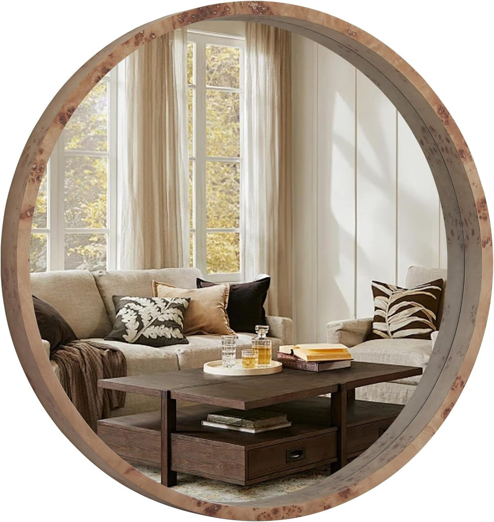 WallBeyond 28 Inch Round Wood Mirror, Burlwood Grain Wood Frame Circle Mirror...