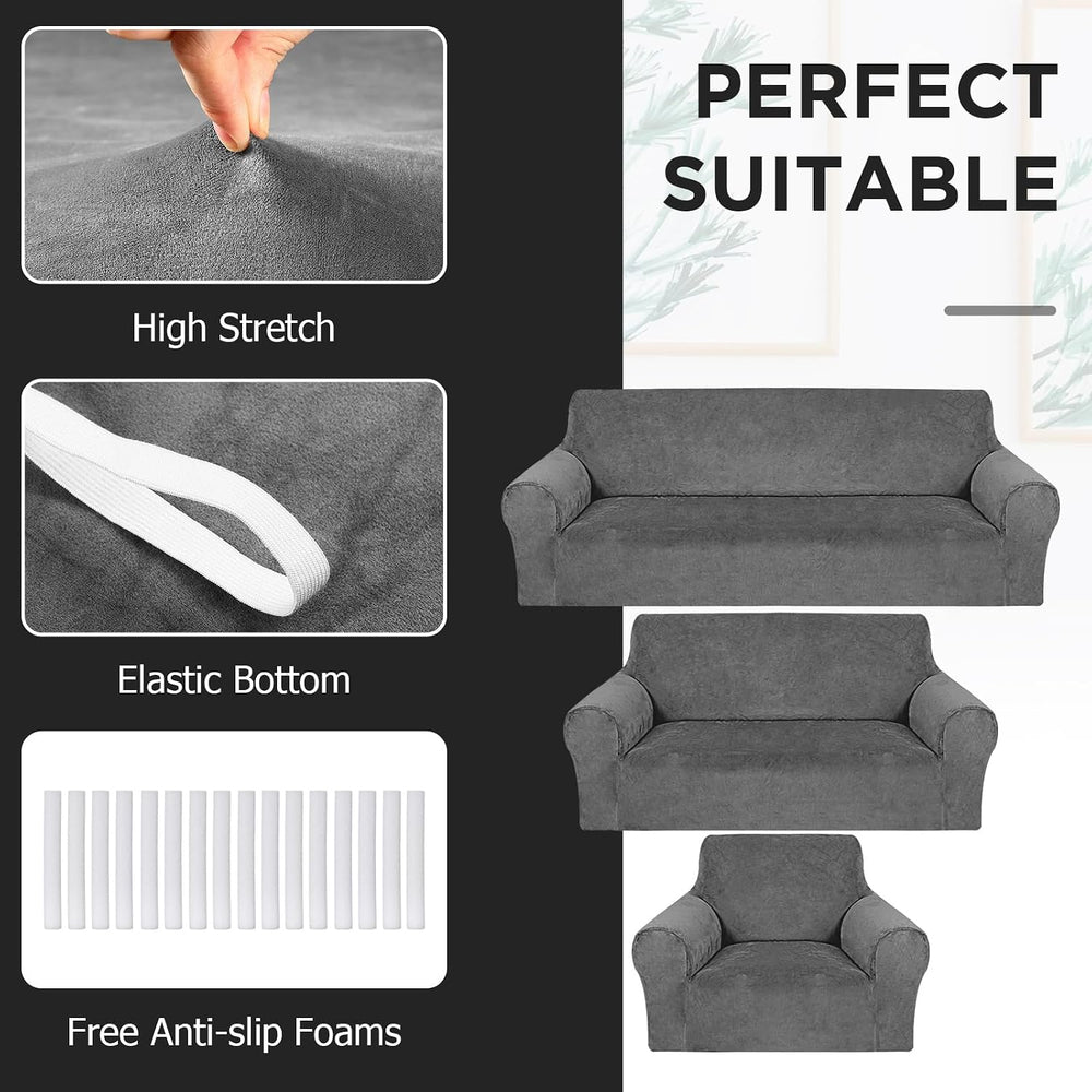 Peryiter 3 Pcs Couch and Loveseat Sofa Covers,Dark Gray,Velvet