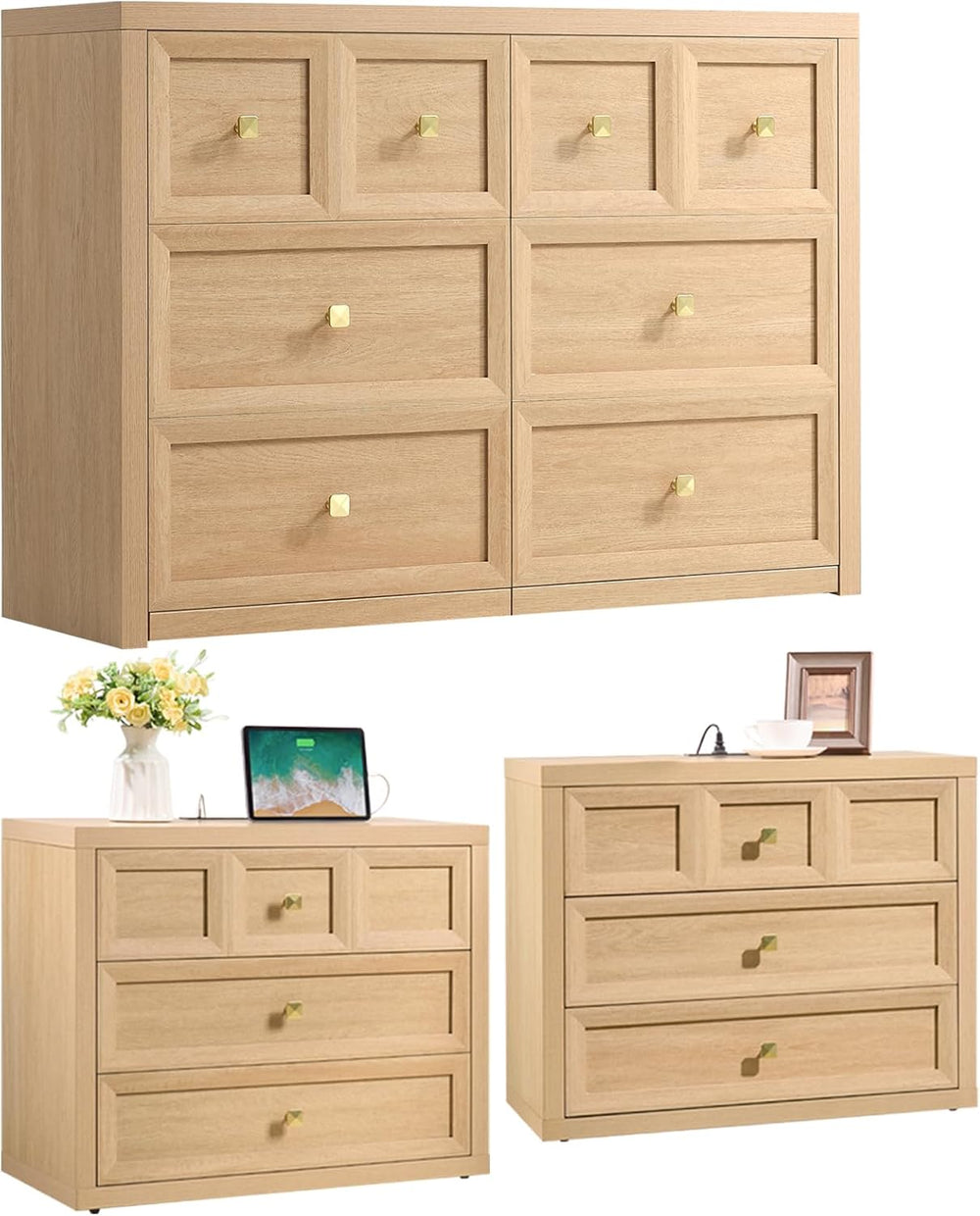 3-Piece Bedroom Set, 6 Drawer Dresser and 3 Drawer King Size Nightstands Set ...
