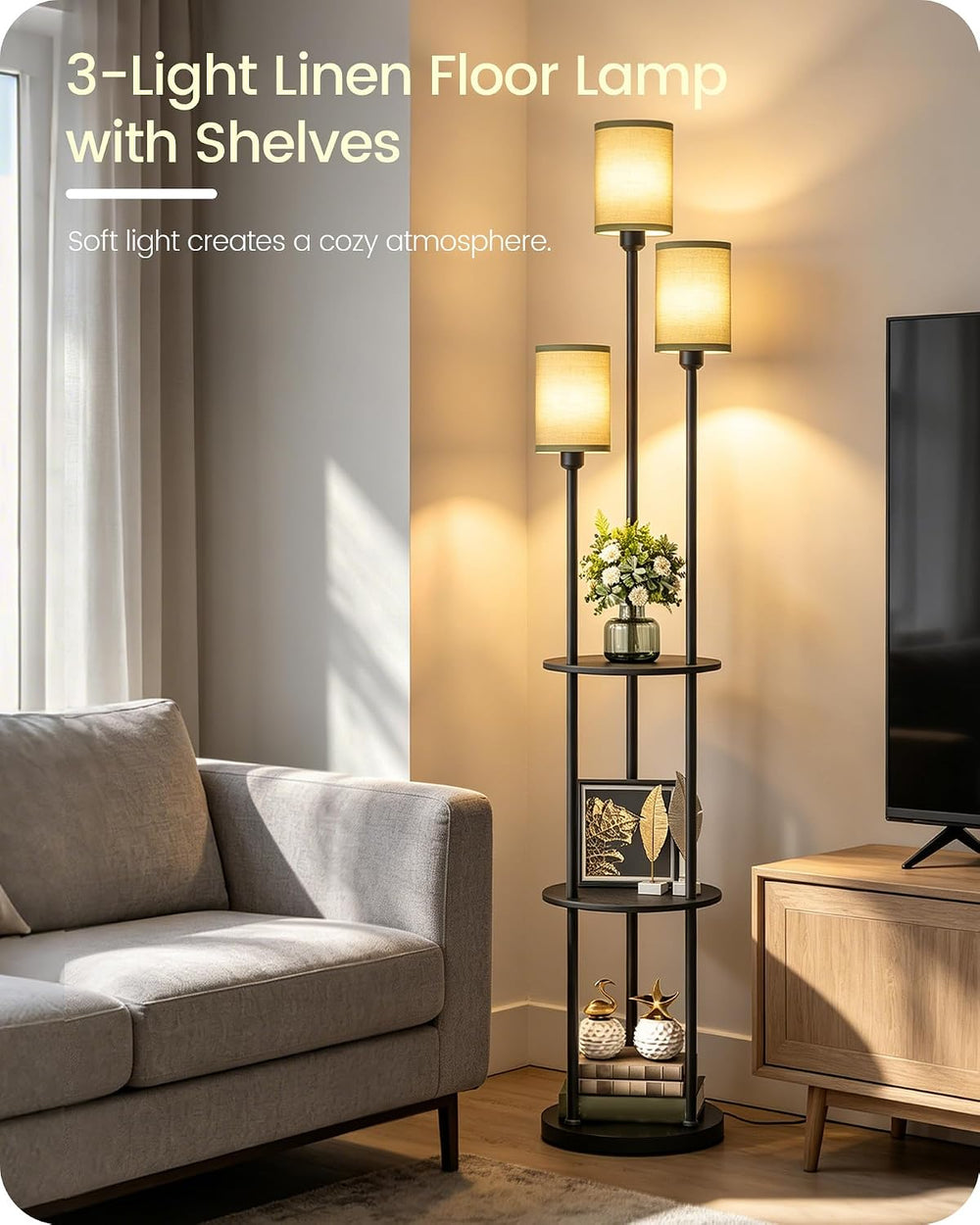 Floor Lamp with Shelves, Modern Floor Lamp with 3 Linen Shades and Foot Switc...